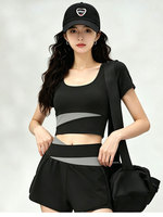 Ensemble de yoga taille haute pour femme, avec haut à manches courtes et coussinets de poitrine, coutures contrastées, anti-transparence, pour la course et le fitness, deux pièces, taille XL