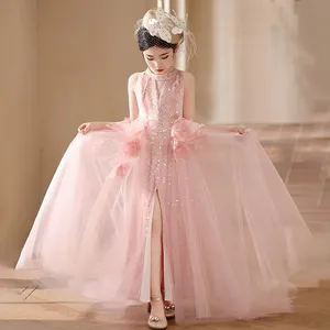 Kızlar lüks off-omuz abiye çiçek kız elbise düğün pullu kat uzunluk moda pembe prenses elbise kız giyim