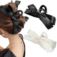 Pince à cheveux transfrontalière en tissu noir style Hepburn avec nœud, faite à la main, grande pince requin pour femme