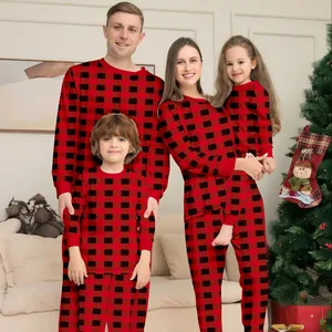 4件/套家庭圣诞睡衣圣诞圆领格子纯色印花家庭套装长袖睡衣家居服