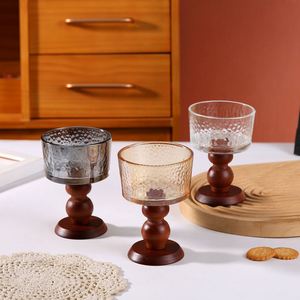Copa de Vino de Diseño Único, Copa de Vino Vintage, Tazón de Postre con Base de Vidrio, Vasos de Vidrio de Boca Ancha de 3.9 Pulgadas, Soporte de Madera - Product Image 1