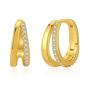 18K Gold Plate Cubic Zirconia Round Hoop Earrings, Huggies Earrings, Everyday Dainty Earrings Wholesale 15mm Hoop