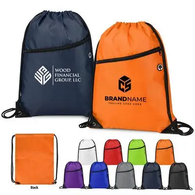 Custom Branded 210D 420D Heavy Duty With Front Zipper Drawstring Backpack Draw String Sport Gym Bag
