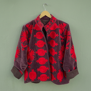Handcrafted Unisex Brown <b>Velvet</b> Suzani Embroidered Breathable Cotton Short Bomber <b>Jacket</b> Vintage Style Open Front Coat Elegant - Product Image 3