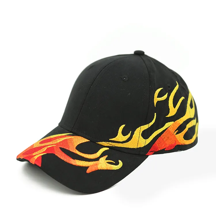 Gorra de béisbol de algodón de nueva tendencia, sombrero con llamas bordadas, sombrero de camionero personalizado, sombrero de carreras con bordado de llama amarilla roja, venta al por mayor
