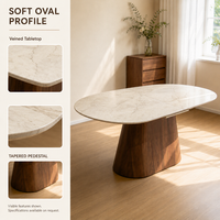 Table à manger ovale extensible de style nordique moderne avec plateau en pierre frittée marbrée et base centrale en bois pour salle à manger domestique