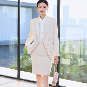 Women's Suit <b>Set</b> Cream Color Full Sleeve Anti-Wrinkle <b>Office</b> Lady Formal Wear Short Skirt Polyester Fabric - Product Image 1