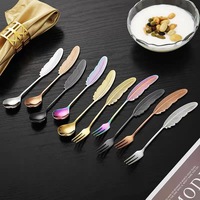 Ensemble de couverts au design plume, 5 pièces, cuillère à dessert, fourchette, or, argent, or rose, noir irisé, pour la maison, la cuisine, la table, un ensemble de cadeaux de mariage