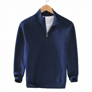 Suéter de Punto Azul Marino para Hombre, con Cierre de Media Cremallera, Manga Larga, Color Sólido, Ropa Casual de Otoño - Product Image 1