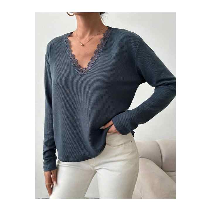 Women's Long Sleeve Lace V-Neck Ruffle Fabric Blouse