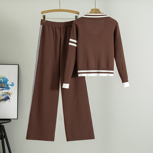 Ensemble de vêtements en tricot pour femmes, cardigan à col en V, pantalon large, tenue décontractée automne-printemps, polyester et coton antistatiques - Product Image 2