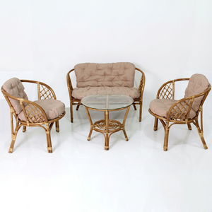 Ensemble de jardin en rotin avec table en verre, mobilier d'extérieur au design tropical, sièges confortables pour 3 personnes - Product Image 1
