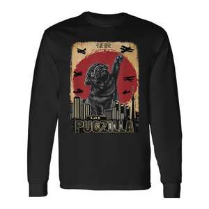 Pugzilla T-shirt noir à manches longues avec motif Kaiju japonais - Product Image 1