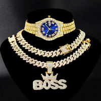 Set Perhiasan Hip Hop Jam Tangan+Kalung+Gelang+Liontin Rantai Kuba untuk Pria, Jam Tangan Mewah Bertabur Kristal untuk Pria