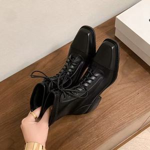 Giày bốt ngắn đế xuồng cao gót vuông mũi vuông da thật buộc dây chống trơn thoải mái kiểu dáng thời trang năm <span class=keywords><strong>2025</strong></span> mới về mùa đông - Product Image 5