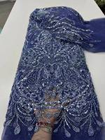 Tissu 100% Polyester Brodé de Perles Lourdes et de Paillettes Africaines, Dentelle à Perles Françaises en Maille à Motif Floral pour Robe de Mariée