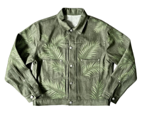 Veste en jean verte unisexe personnalisée avec impression DTG Kornit, motif feuilles de palmier, style vintage, écologique, streetwear décontracté, service OEM
