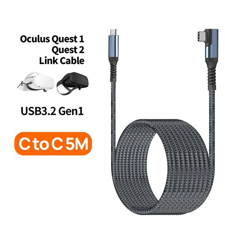 OEM VR Oculus Quest 2 VR hattı kablosu naylon örgülü 3m 5m 6m özelleştirilmiş 16ft sağ açı USB 3.2 Gen1 tip C USB C vr kablosu