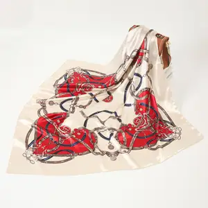 欧美时尚皮带链印花围巾90厘米方形围巾穆斯林妇女裹头真丝围巾