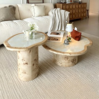 Grande table basse ronde moderne de style nordique pour salon, en bois, finition brillante, onyx blanc, avec plateau en marbre.