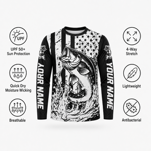 Maillots de pêche personnalisés noir et blanc, légers, en polyester, sublimation, pour hommes, pour la pêche en kayak, uniforme de pêche - Product Image 2