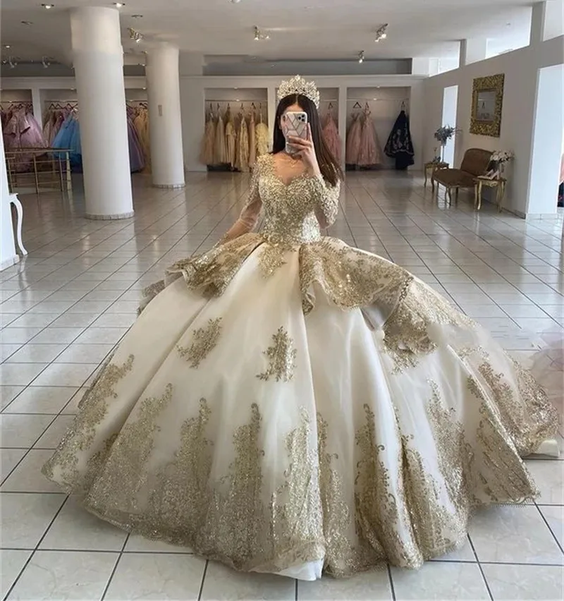 fitted lace wedding dress Fantasy Mexican Quinceanera Dresses,Long Sleeve Sweet 15 Dress – jkprom main image 0