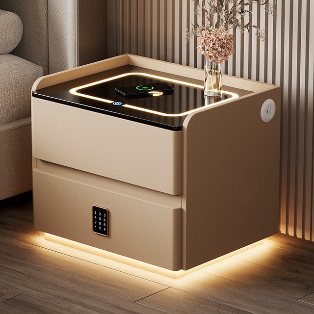 ModHomi  Modern Smart Bedside Table with Wireless Charging, USB Port, LED Ambient Lighting, Combination Lock