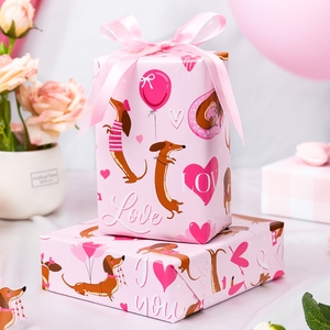 <b>Pink</b> Puppy Love Wrapping Paper Roll Cute Dachshund Pattern Heart Balloon Reversible Gift <b>Wrap</b> for Birthday Valentine’s Day - Product Image 2