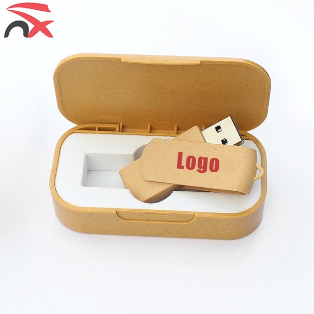 Custom Logo Wheat Straw Eco Friendly Degradable 4/8/16/32/64/128GB Metal Promotional USB Flash Drive