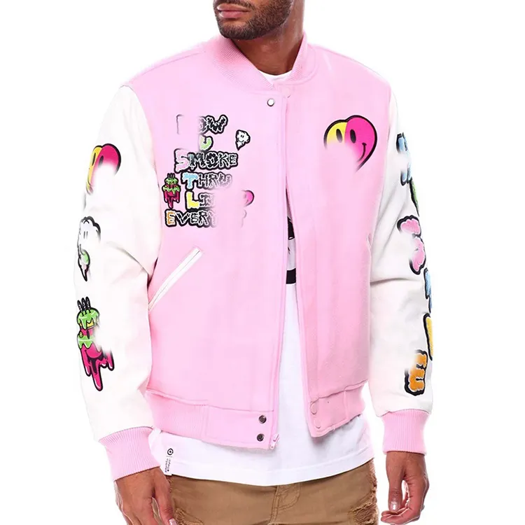 Wholesale Custom Pink Chenille Embroidered Zipper Jackets Bomber Jacket Men