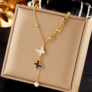 Bijoux fantaisie pendentif chaîne ras du cou coeur lune papillon Double couche irrégulière collier en acier inoxydable pour les femmes - Product Image 2
