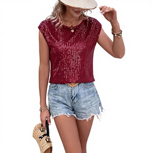 <span class=keywords><strong>Camiseta</strong></span> de Mujer SS175 2026, Estilo Euroamericano, Dulce, Holgada, Informal, para Fiesta, Cuello Redondo, Sin Mangas, con <span class=keywords><strong>Lentejuelas</strong></span> - Product Image 1