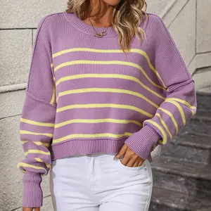 Pull rayé à blocs de couleur pour femmes léger hors de l'épaule à manches longues confortable automne pull en tricot chandails
