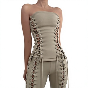 Women's Strapless Lace-Up Ribbed Crop Top and <b>High</b> Waist Skinny Trouser Set Sexy Club Matching Two Piece Outfit - Product Image 1