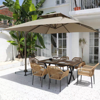 Ensemble de salle à manger moderne empilable en corde PE résistant aux intempéries, table de patio en aluminium 4/6 places et chaises empilables résistantes aux UV pour usage extérieur