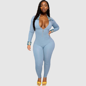 Combinaison moulante à fermeture éclair, col rabattu, couleur unie, mode féminine - Product Image 4