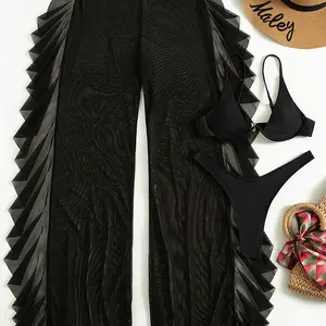 JSN9205339 yeni kadın 3 parça mayolar Push Up Bikini seti ile yüksek belli pantolon siyah örgü şifon seksi Beachwear