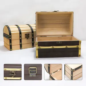 Caja pirata de madera con tapa redonda rústica, caja de Cofre del Tesoro pirata del tesoro pirata