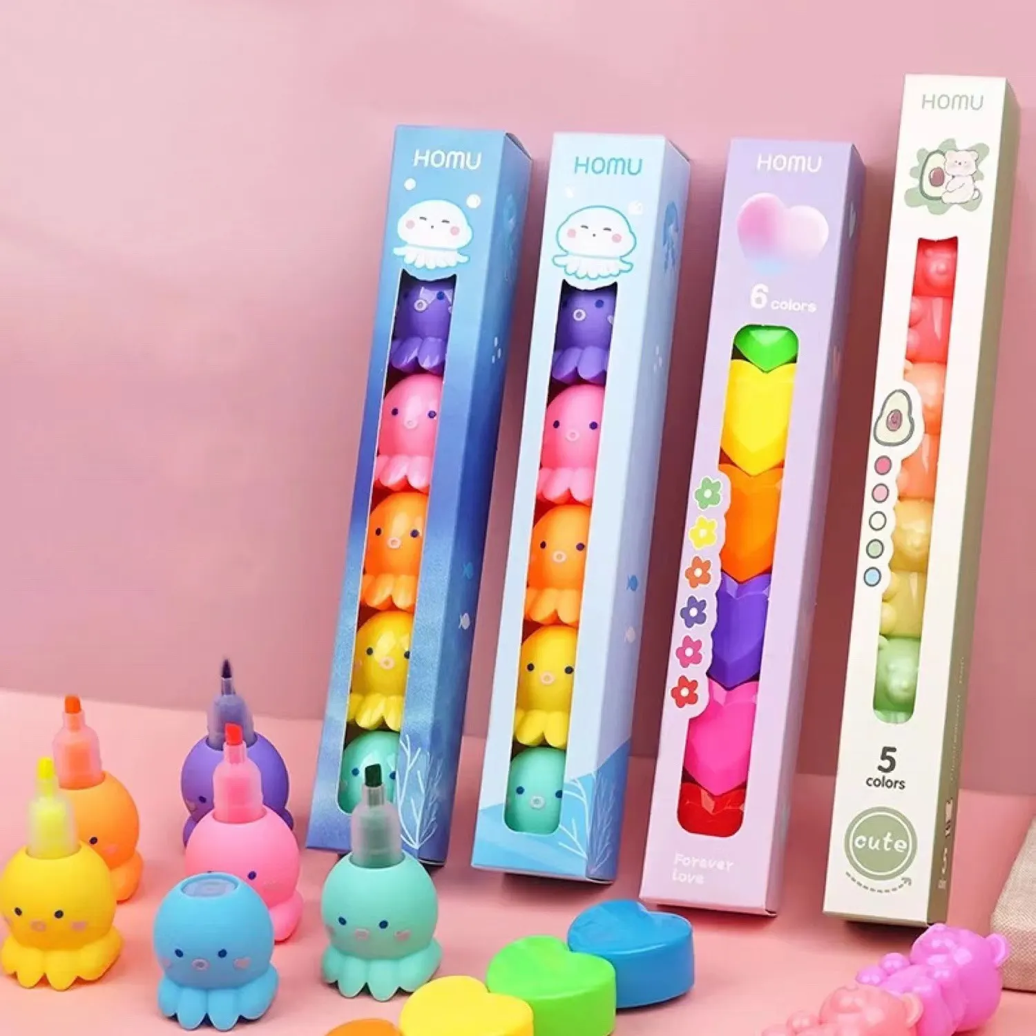 Custom Cute Octopus Highlight Pen Set Painting Fluorescent Highlighter Marker Pen For Kids School Stationery