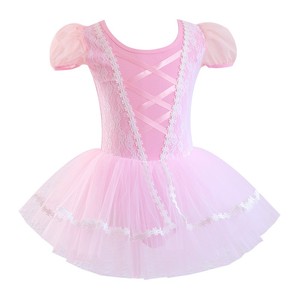 Girls Short Sleeve Ballet Tutu Dance Dress <b>Lace</b> Trim Tulle Skirt Princess Performance Training Wear - Product Image 2