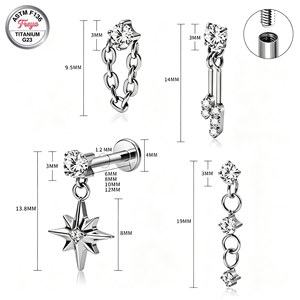 Pendiente de titanio ASTM-F136 Freya con rosca interna, cadena colgante y estrella de circonita cúbica para piercing de hélix, tragus y cartílago. - Product Image 4