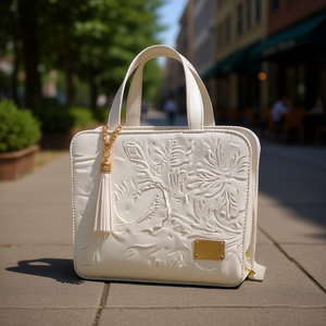 Sac fourre-tout en cuir de vachette blanc Fana Patricia, grande capacité, motif demi-lune, sangle à chaîne décorée, pompon, décontracté, pour femmes - Product Image 2