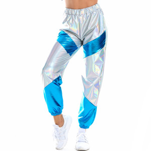 Pantaloni lunghi riflettenti da <span class=keywords><strong>donna</strong></span> con <span class=keywords><strong>tasche</strong></span> a vita alta pantaloni Patchwork olografici da discoteca pantaloni da Jogger da discoteca - Product Image 5