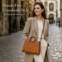 Sac à main en cuir de vachette pleine fleur vintage à motifs floraux, sac fourre-tout fait main avec anse circulaire pour femme