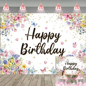 Fondo de fotografía de papel floral primavera 7x5FT personalizado para fiestas de cumpleaños de niñas con decoración de mariposas en Stock - Product Image 1