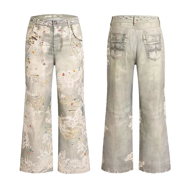 Men's Vintage Streetwear Denim Jeans Custom Logo Wholesale Bulk Breathable Mid Straight Baggy Cargo Ripped Washed Summer