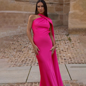 Robe de soirée longue asymétrique à dos nu avec ruban et taille naturelle pour femme - Product Image 4