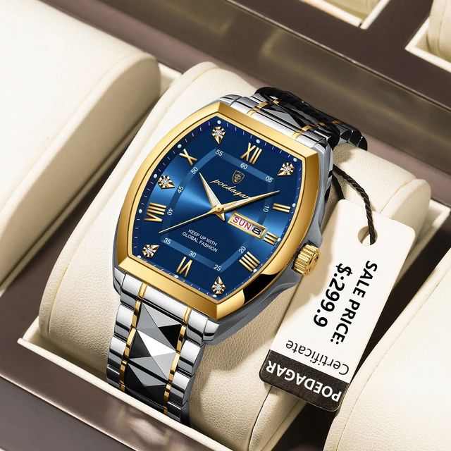 Watches for Men POEDAGAR 958 Stainless Steel Waterproof Date Week Diamond Men Watch Tonneau Men's Diamond Quartz Watches Reloj