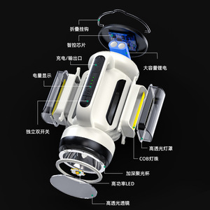 โคมไฟตั้งแคมป์ ไฟ LED สำหรับเต็นท์ พร้อมตะขอ ชาร์จ USB ไฟพกพาสำหรับกิจกรรมกลางแจ้ง โคมไฟ LED กำลังสูง สำหรับการตั้งแคมป์ - Product Image 1