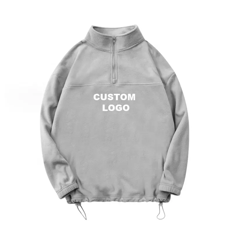 300 GSM hijau tua Vintage pria kustom Quarter Zip Hoodie setengah Zip Pullover dengan berkerudung kerah hangat Polar bulu Sweatshirt